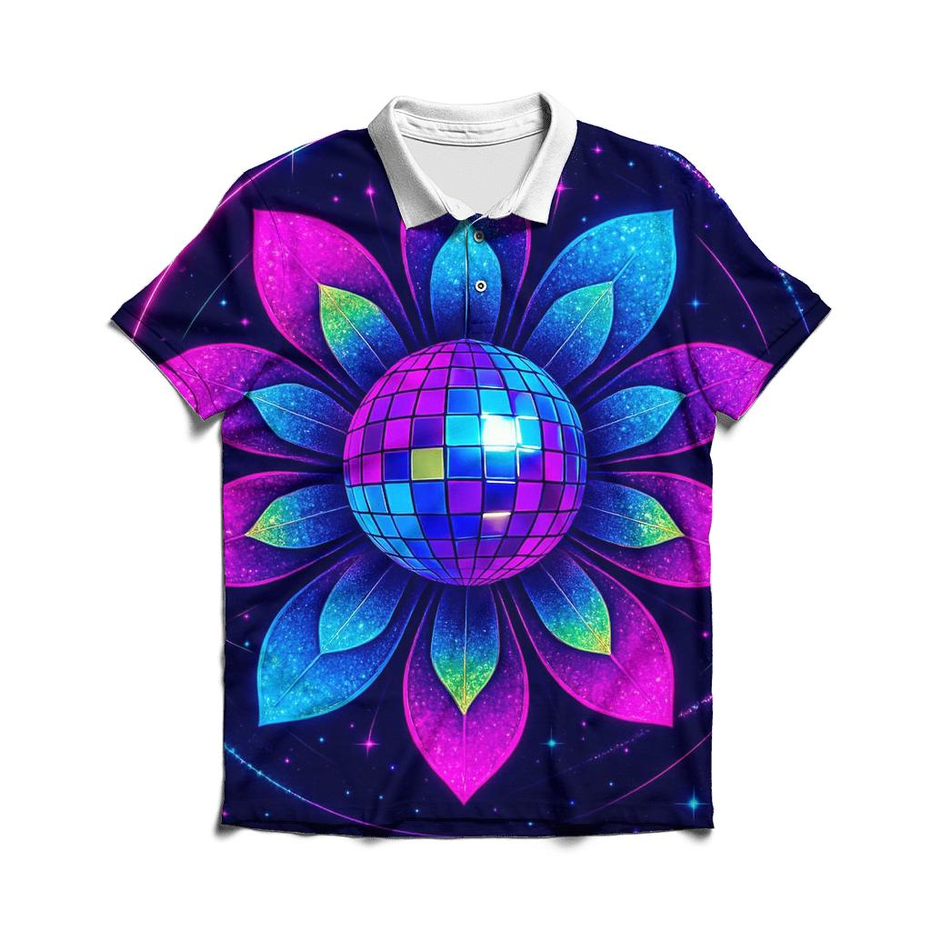 Neon Orbit Disco Bloom premium cotton polo shirts