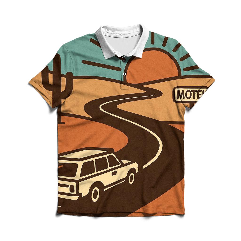 Desert Road Trip Sunburst Map designer slim fit polos