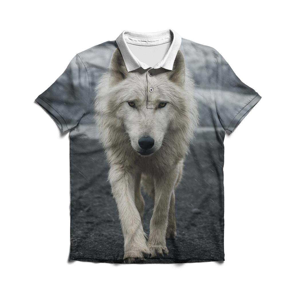 Arctic Wolf Crossing A Glacier Forefield In Wind Driven Sleet custom polo shirts