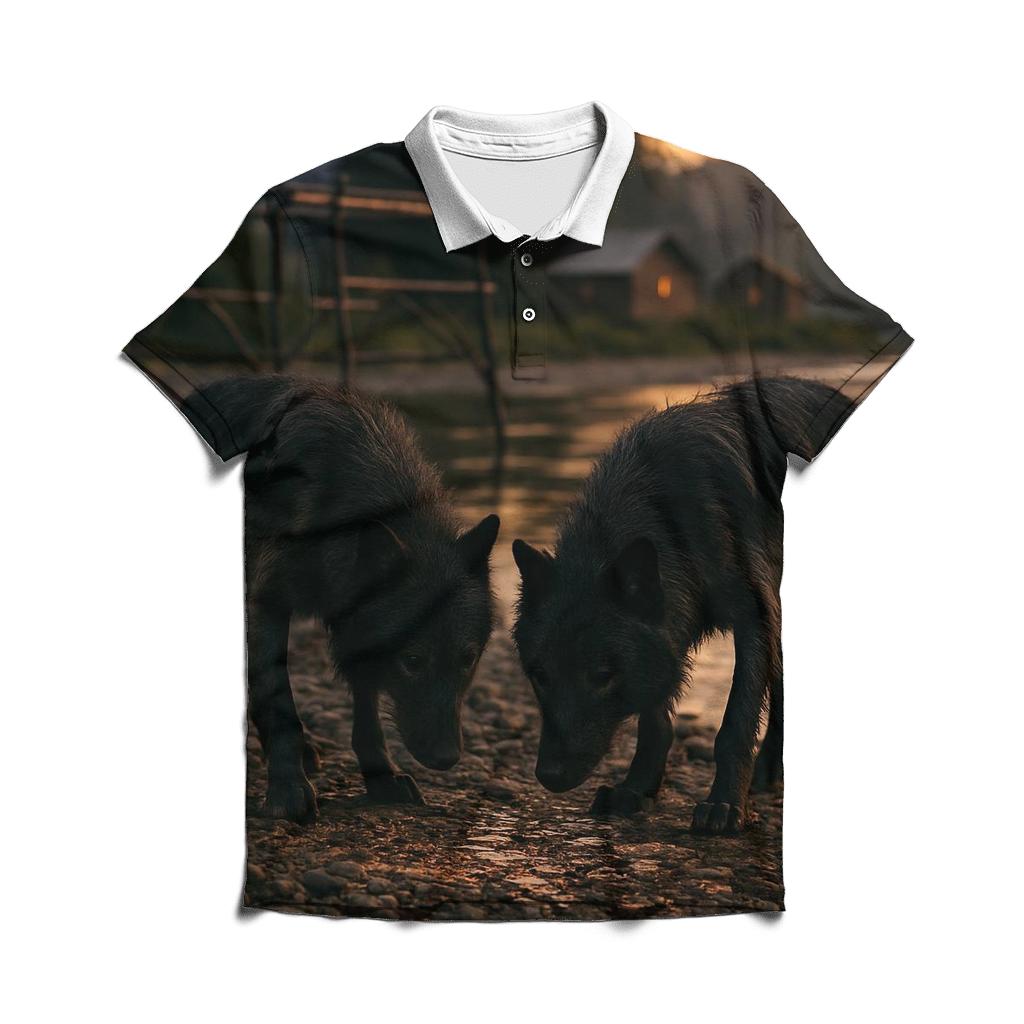 Wolves Near A Northern Fishing Camp After Salmon Run premium cotton polo shirts