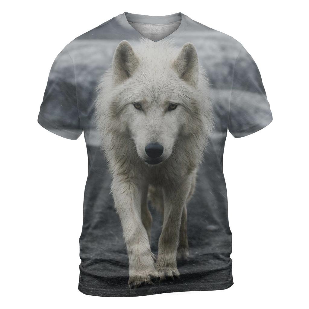 Arctic Wolf Crossing A Glacier Forefield In Wind Driven Sleet trendy printed shirt styles