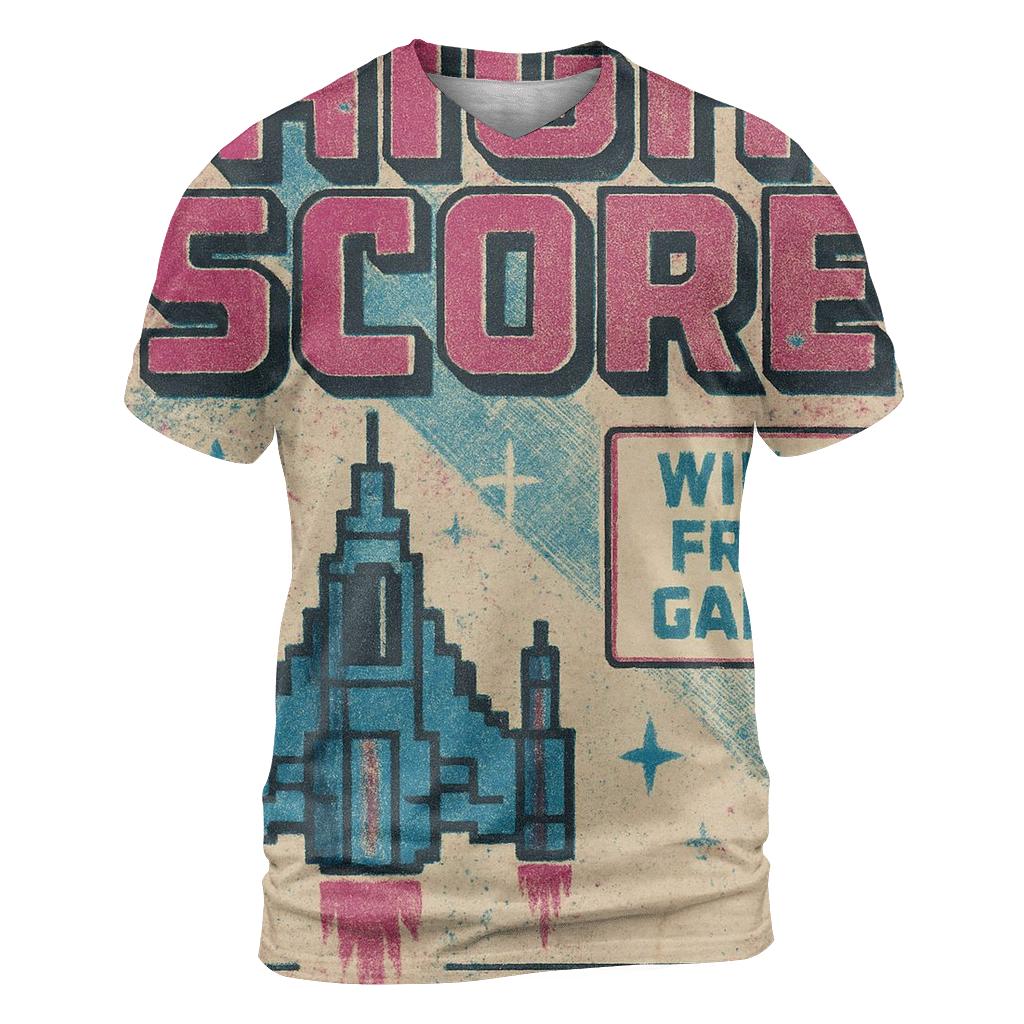 Distressed 1980s Arcade Starship High Score Flyer artistic all-over print tops