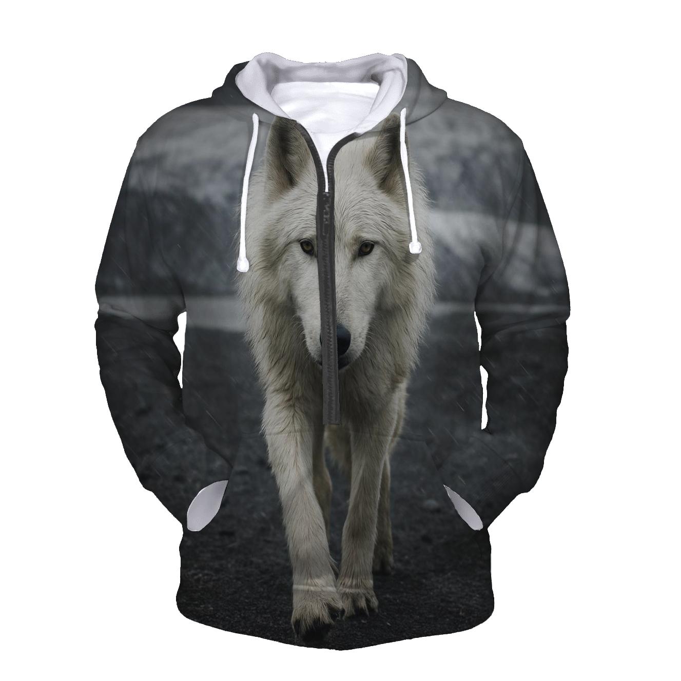 Arctic Wolf Crossing A Glacier Forefield In Wind Driven Sleet hoodie styles