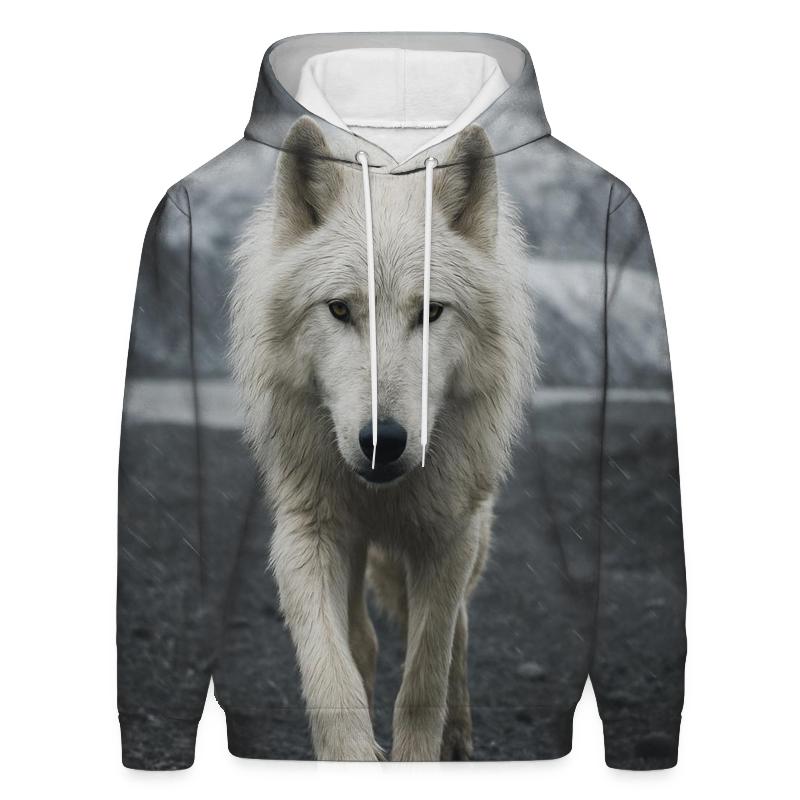Arctic Wolf Crossing A Glacier Forefield In Wind Driven Sleet lightweight hoodies