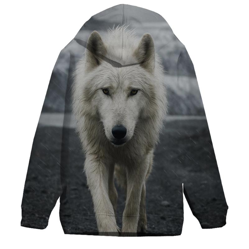 Arctic Wolf Crossing A Glacier Forefield In Wind Driven Sleet lightweight hoodies