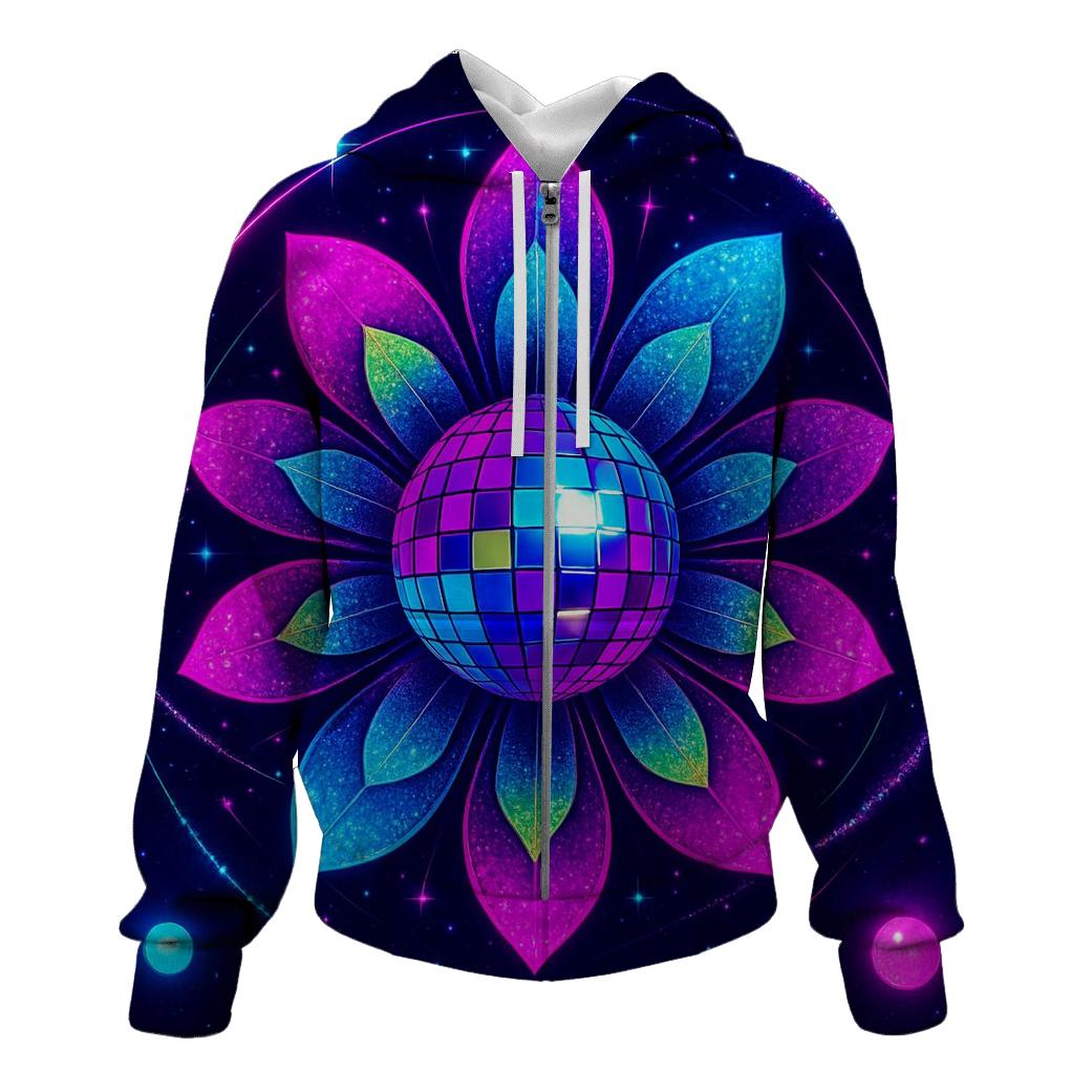 Neon Orbit Disco Bloom printed hoodies
