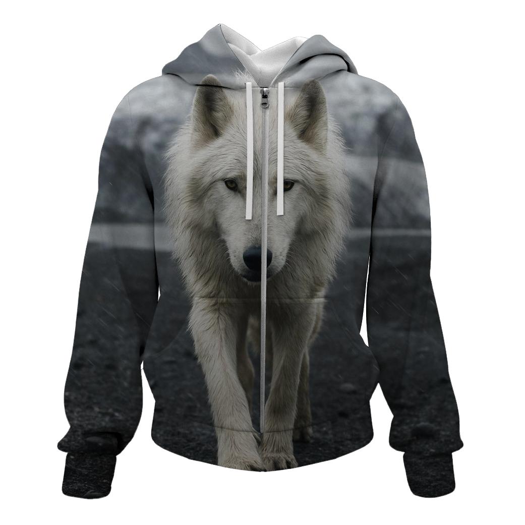 Arctic Wolf Crossing A Glacier Forefield In Wind Driven Sleet custom hoodies