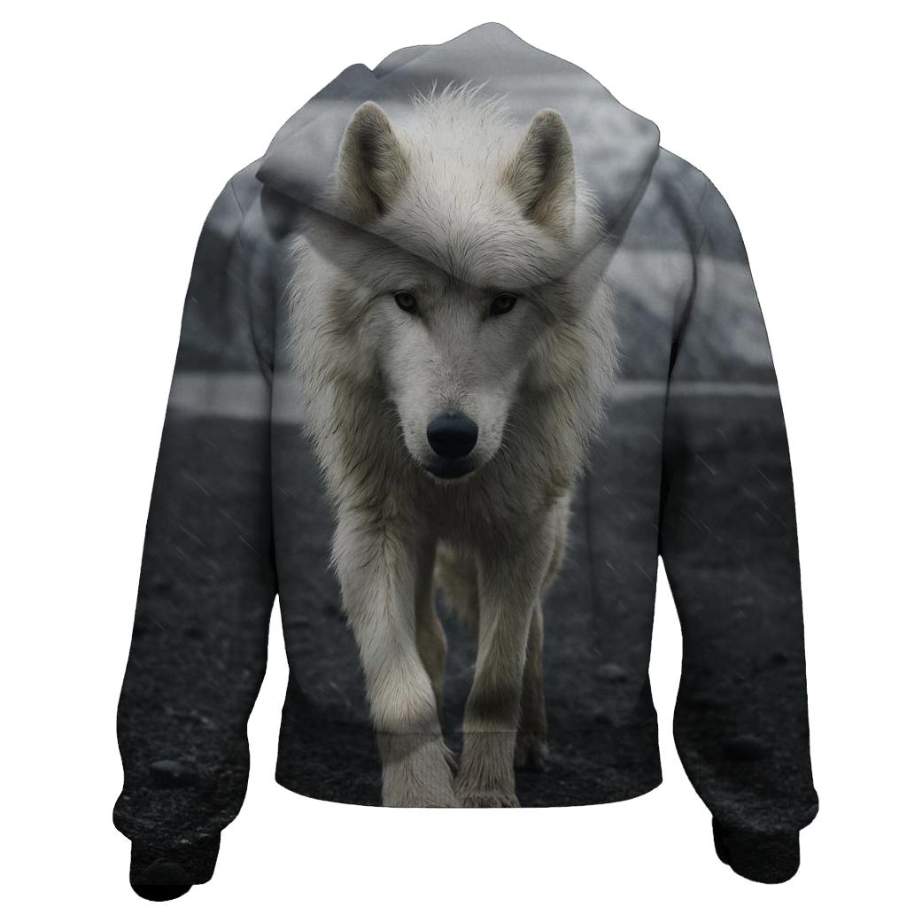 Arctic Wolf Crossing A Glacier Forefield In Wind Driven Sleet custom hoodies