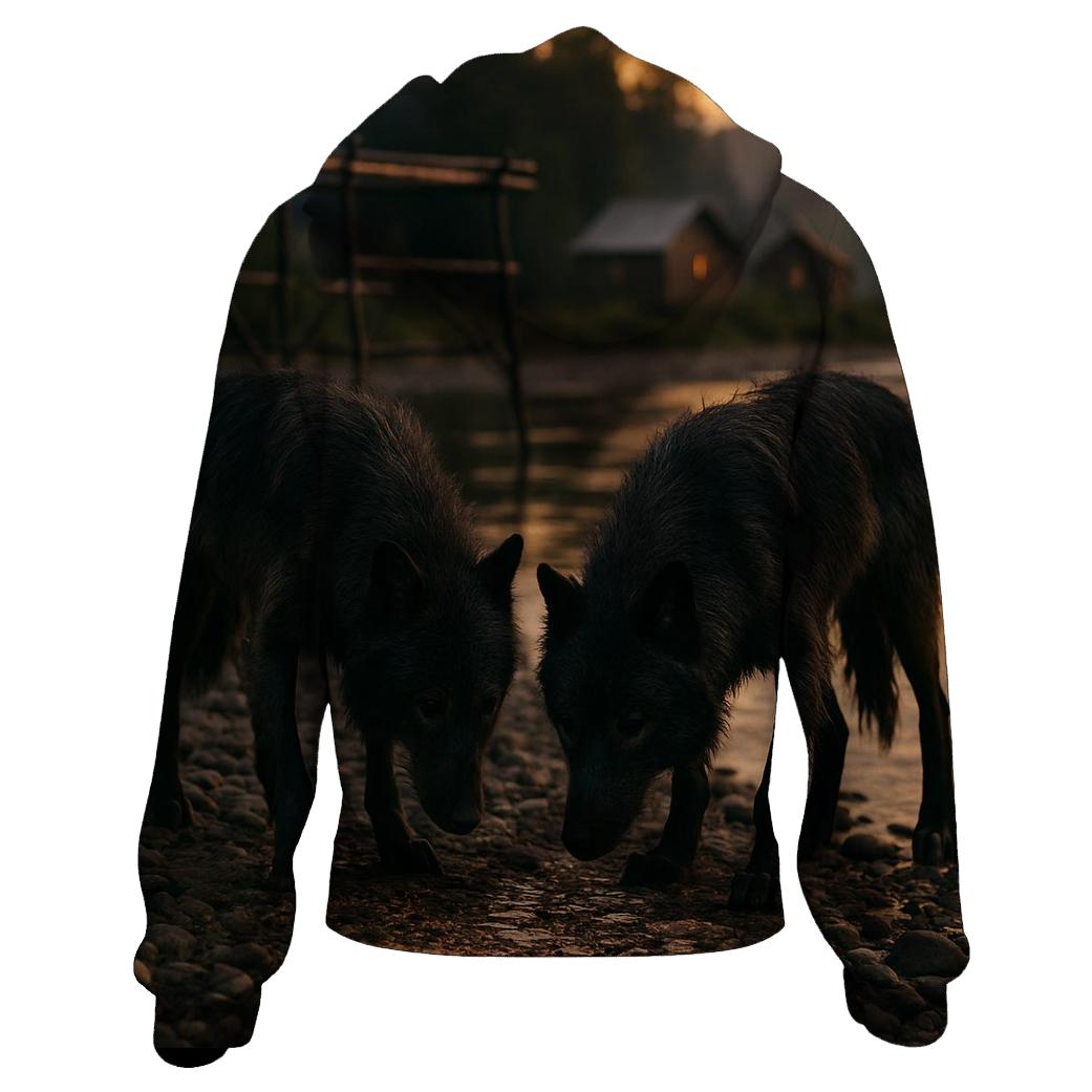 Wolves Near A Northern Fishing Camp After Salmon Run pullover hoodies