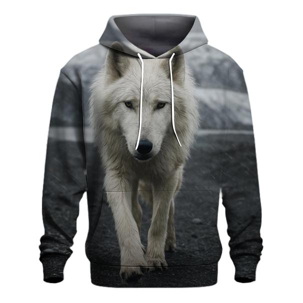 Arctic Wolf Crossing A Glacier Forefield In Wind Driven Sleet graphic hoodies