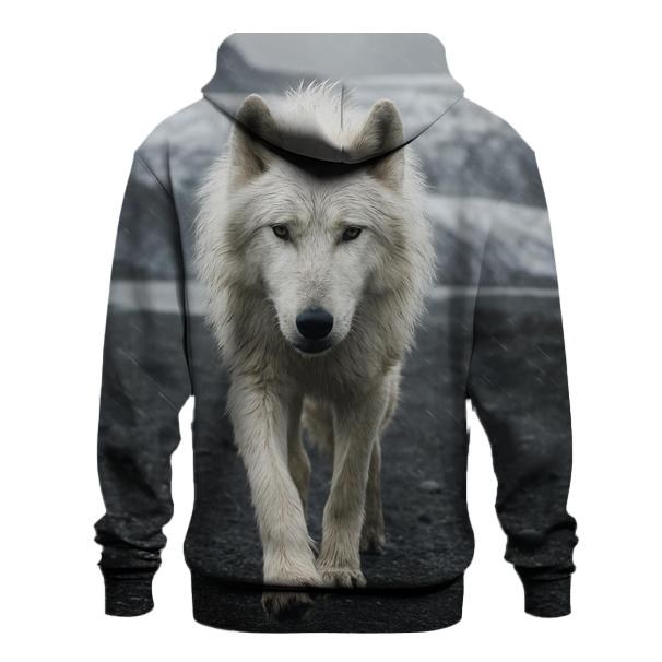 Arctic Wolf Crossing A Glacier Forefield In Wind Driven Sleet graphic hoodies