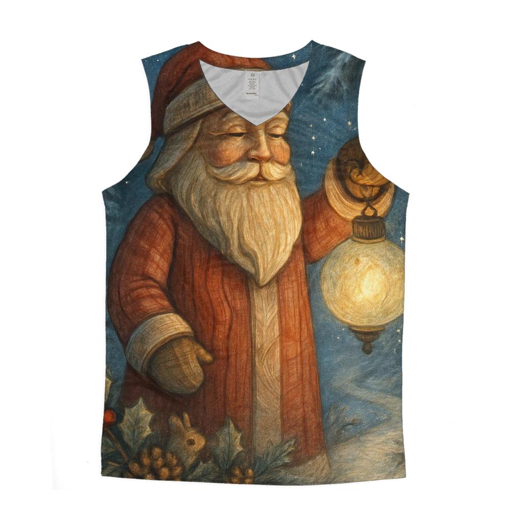 Woodcarved Santa Lantern In Winter Pines cotton sleeveless tops