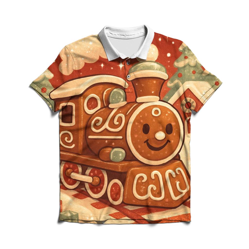 Gingerbread Train Through Peppermint Pines personalized polo shirts