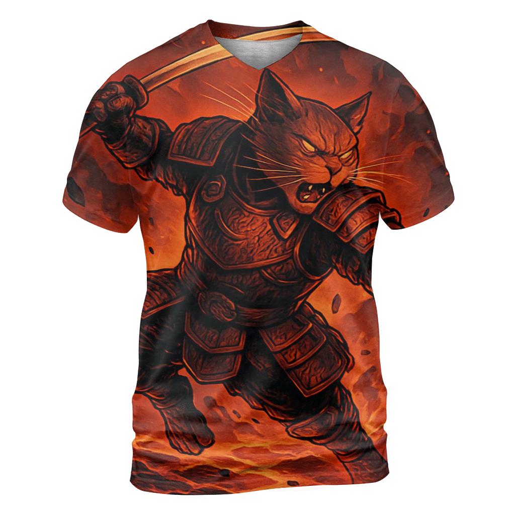 Volcanic Samurai Cat Duel artistic all-over print tops
