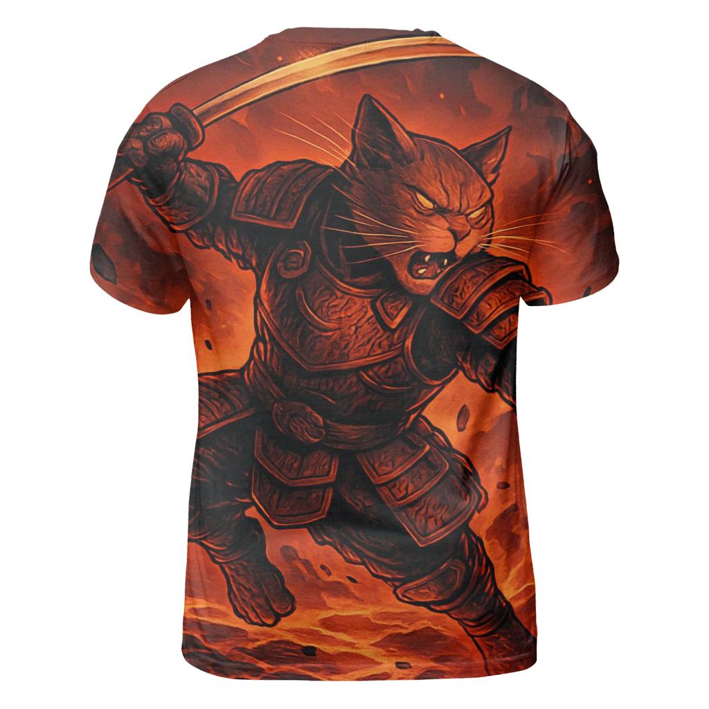 Volcanic Samurai Cat Duel artistic all-over print tops
