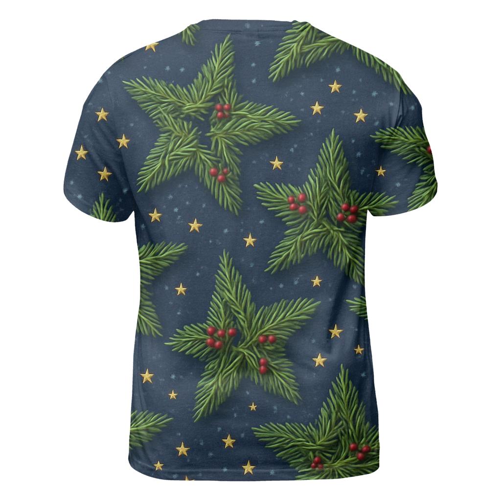 Evergreen Star Scatter On Midnight Blue Snowfield vibrant all-over design tees