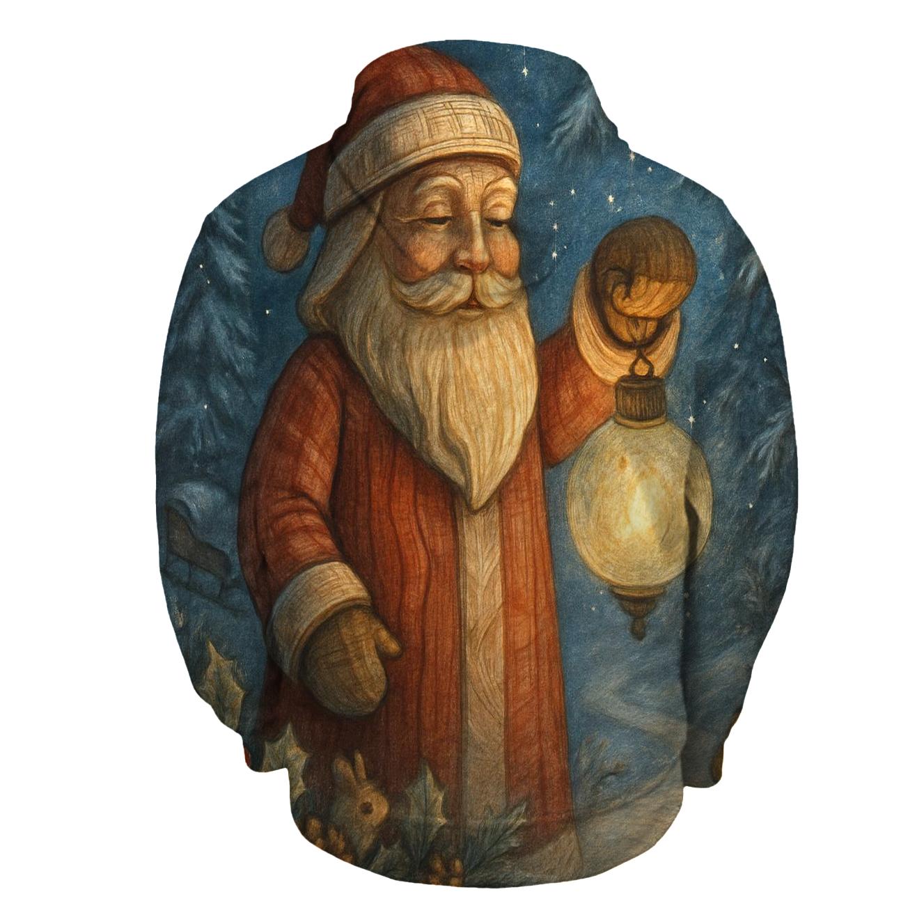 Woodcarved Santa Lantern In Winter Pines lightweight hoodies