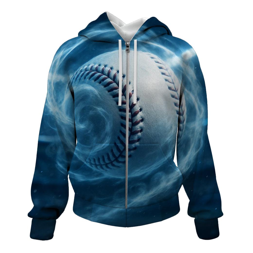 Chrome Spin Baseball Through Icy Clouds graphic hoodies