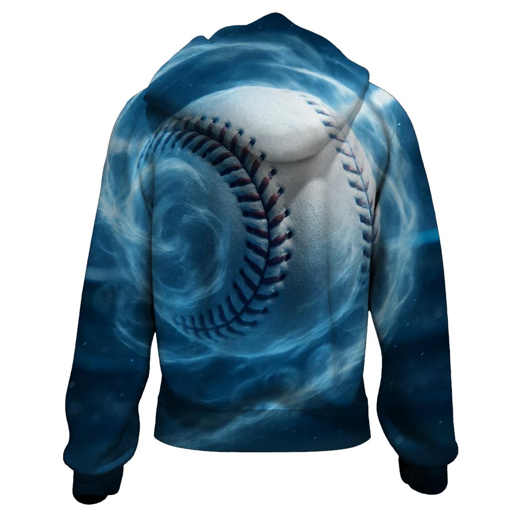 Chrome Spin Baseball Through Icy Clouds graphic hoodies