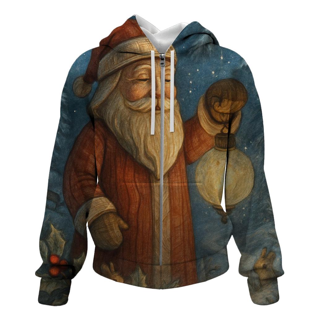 Woodcarved Santa Lantern In Winter Pines custom hoodies