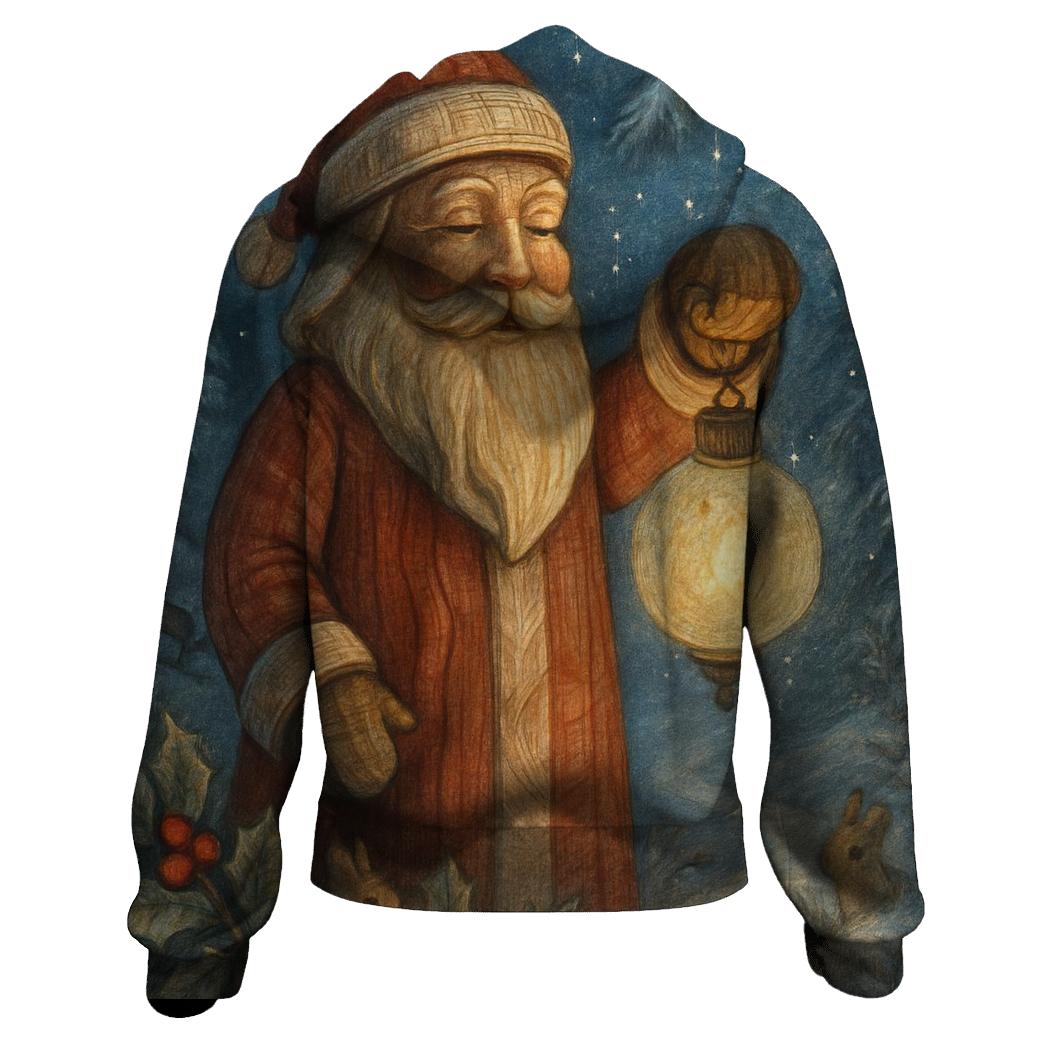 Woodcarved Santa Lantern In Winter Pines custom hoodies