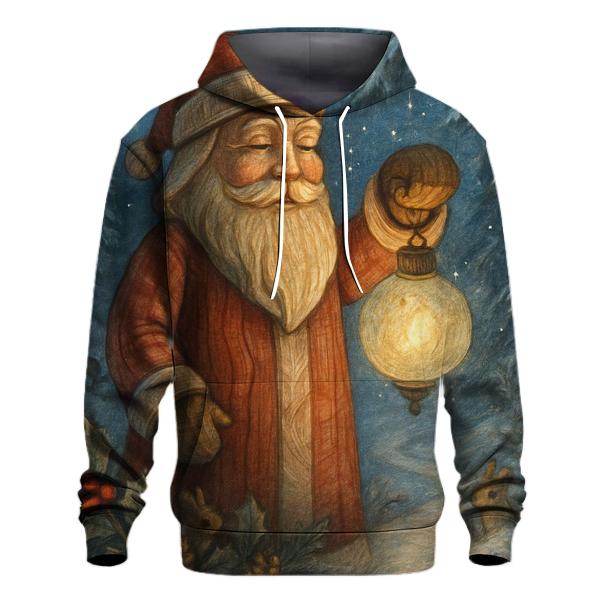 Woodcarved Santa Lantern In Winter Pines embroidered hoodies