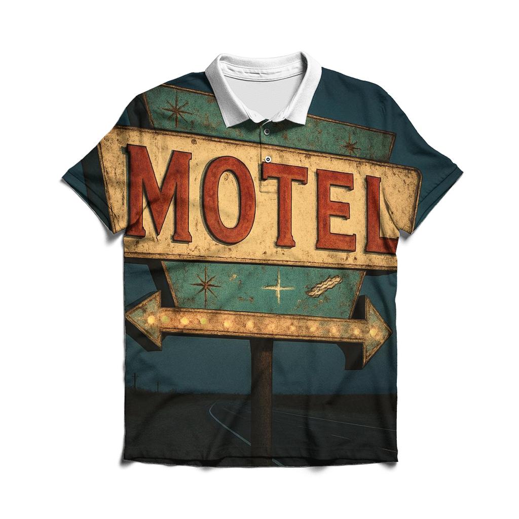 Weathered Space Age Motel Sign branded logo polo shirts