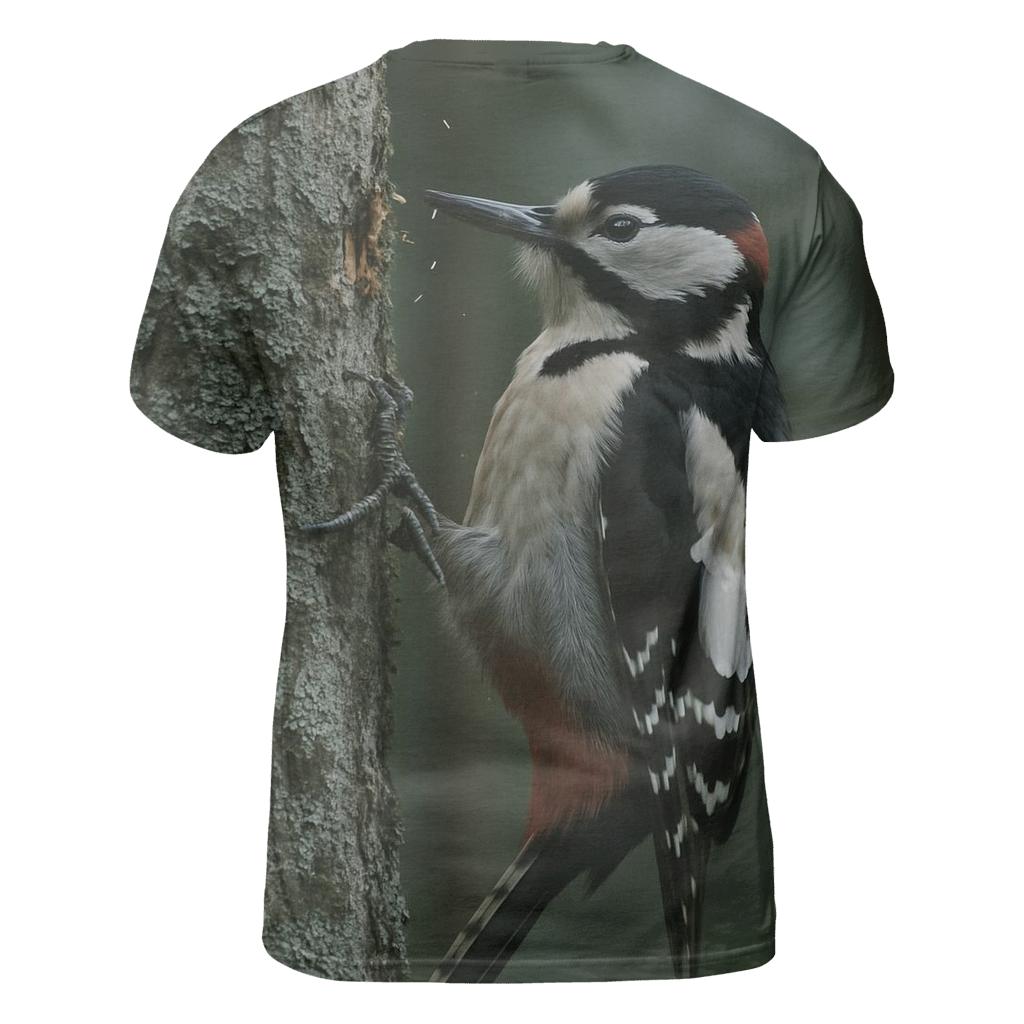 Mossland Drummer Great Spotted Woodpecker vibrant all-over design tees
