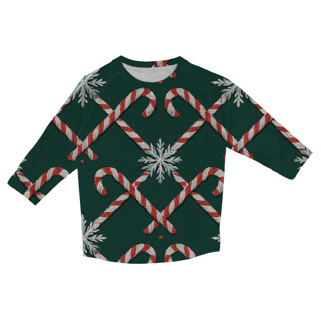 Candy Cane Snowflake Lattice On Midnight Green Background personalized 3/4 sleeve tees