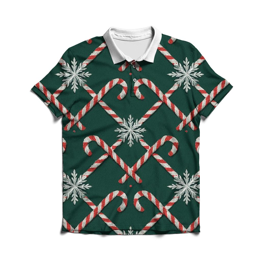 Candy Cane Snowflake Lattice On Midnight Green Background custom polo shirts