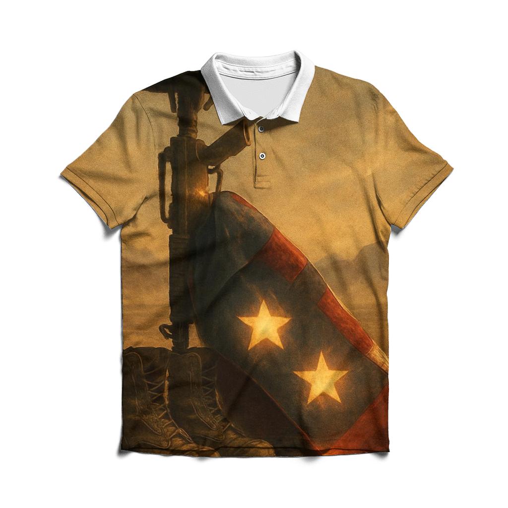 Desert Memorial Of Boots Rifle And Folding Stars personalized polo shirts