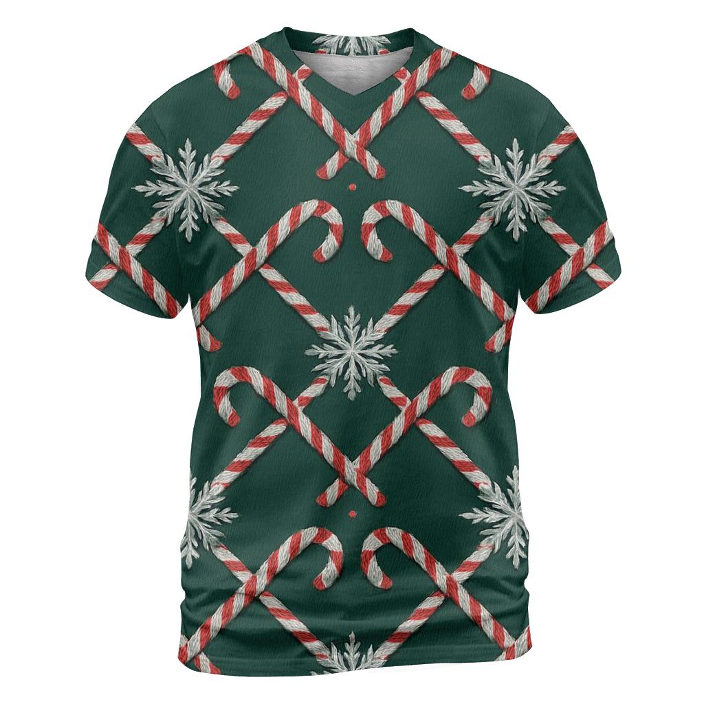 Candy Cane Snowflake Lattice On Midnight Green Background artistic all-over print tops