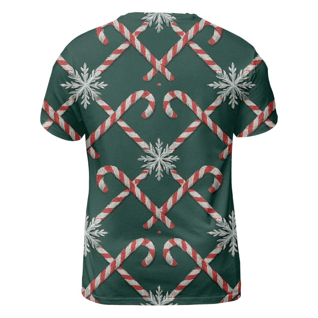Candy Cane Snowflake Lattice On Midnight Green Background artistic all-over print tops