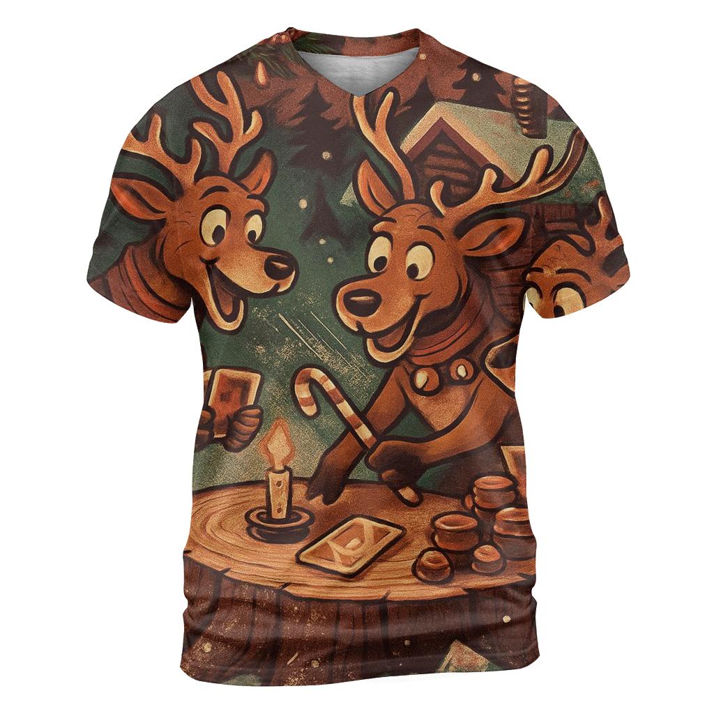 Reindeer Card Shark Cabin Night artistic all-over print tops