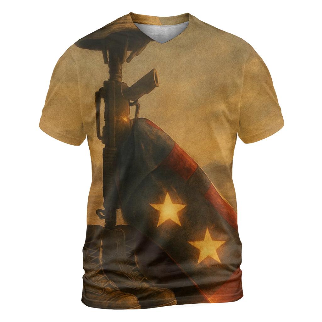 Desert Memorial Of Boots Rifle And Folding Stars trendy printed shirt styles