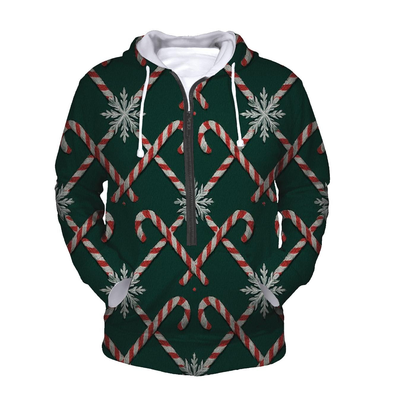 Candy Cane Snowflake Lattice On Midnight Green Background custom hoodies