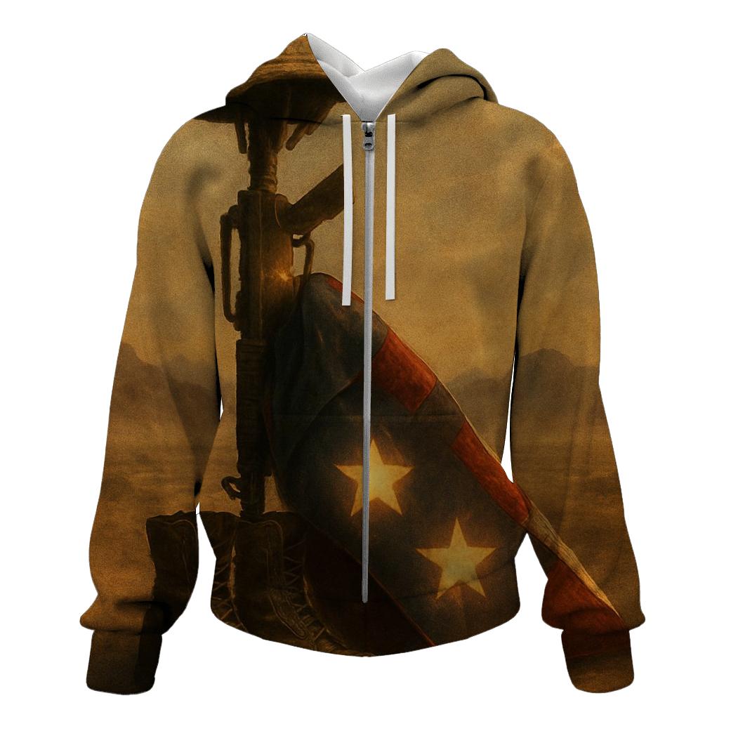 Desert Memorial Of Boots Rifle And Folding Stars zip-up hoodies