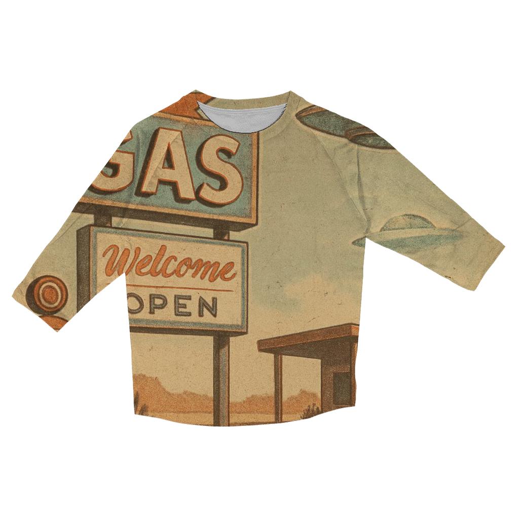 Sepia Desert Gas Station UFO Stop 1959 printed three quarter sleeve shirts