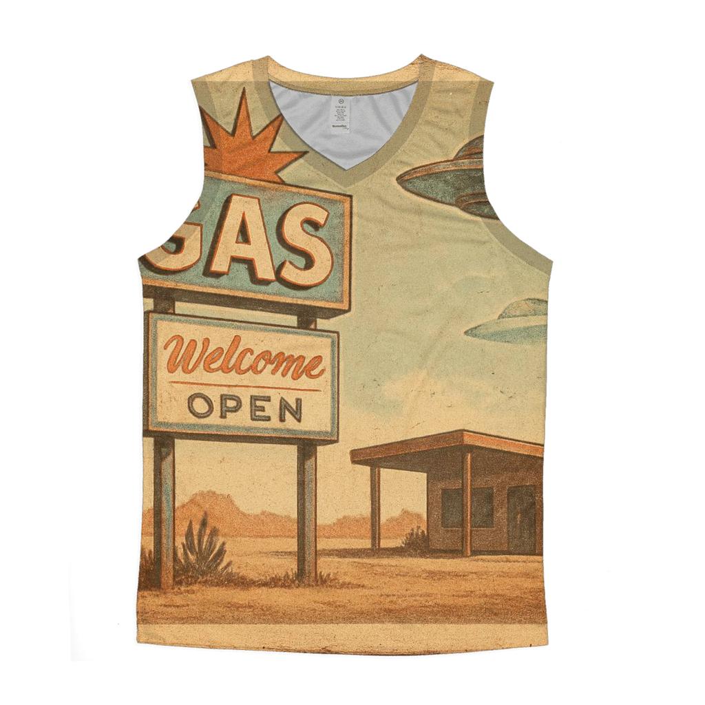 Sepia Desert Gas Station UFO Stop 1959 trendy fitted tank tops