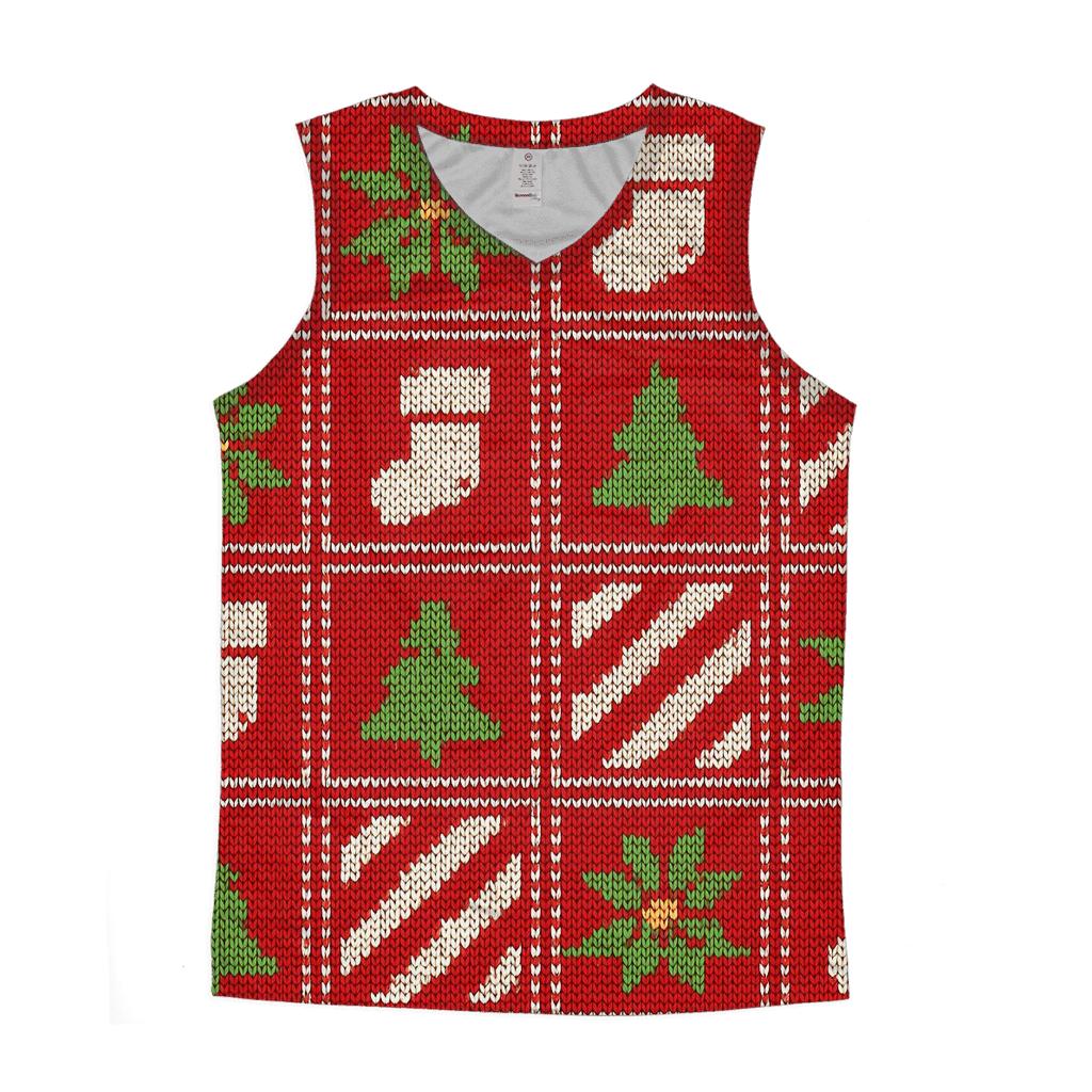 Ugly Christmas Candy Cane And Poinsettia Patchwork Parade Design graphic print tank tops
