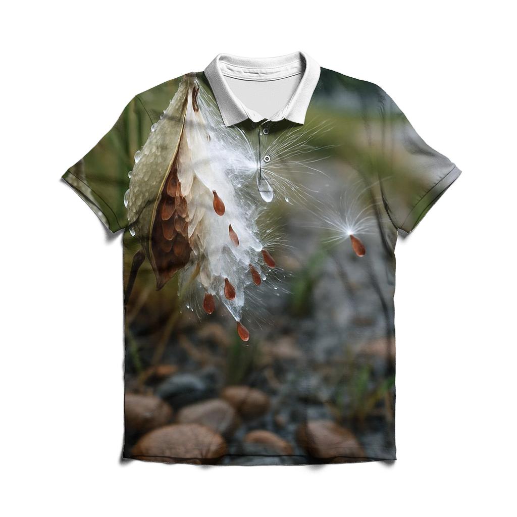 Rain Garden Milkweed Pods Releasing Silk Floss premium cotton polo shirts