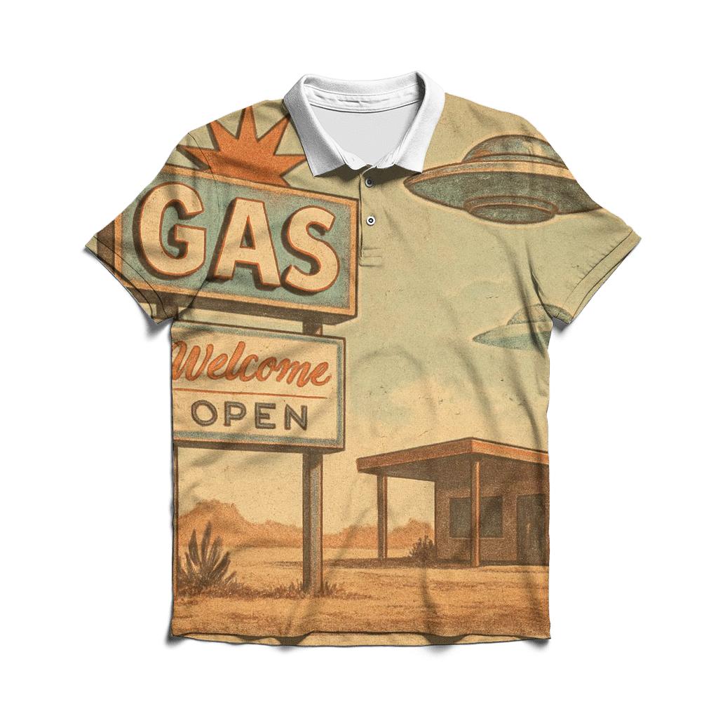 Sepia Desert Gas Station UFO Stop 1959 casual sports polo shirts