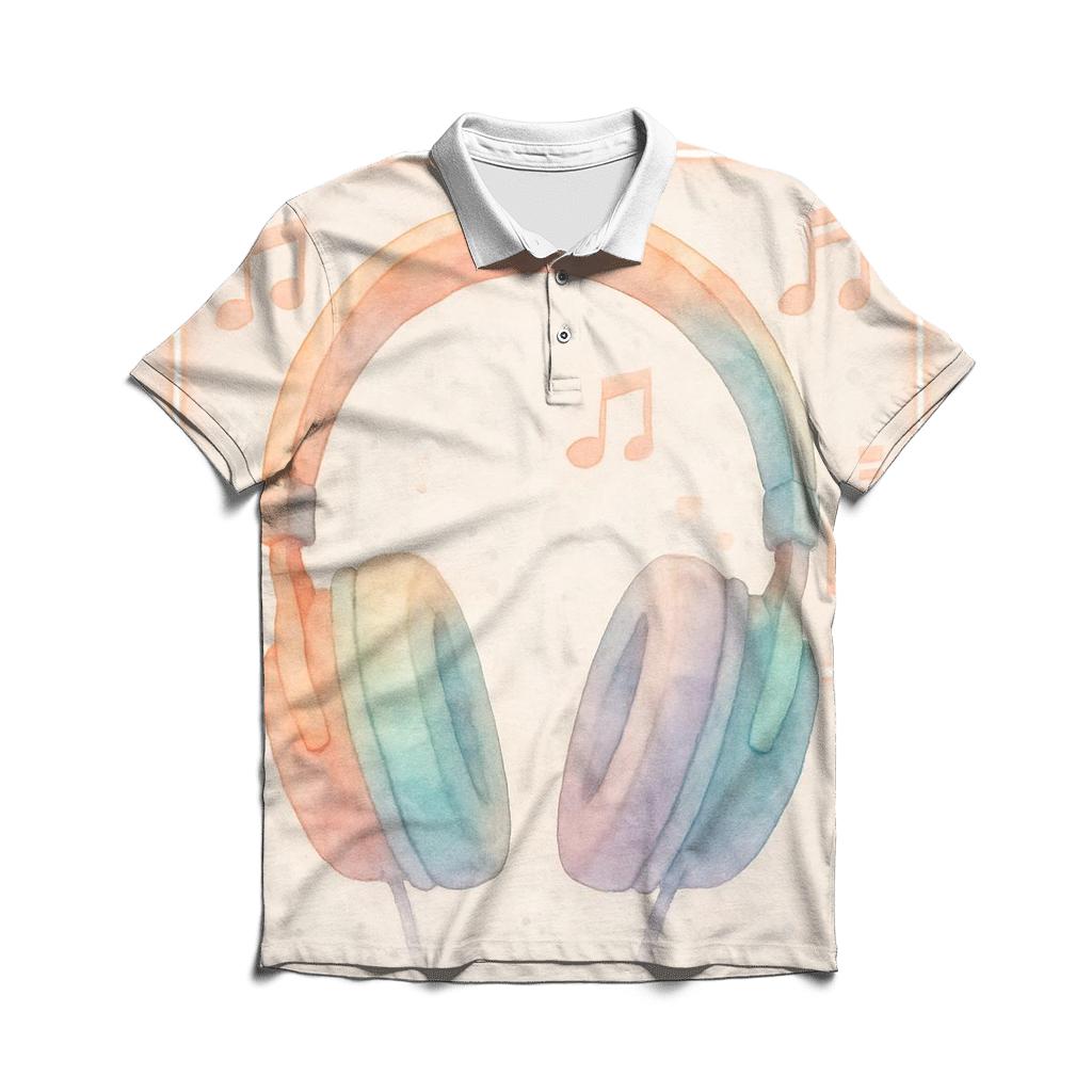 Watercolor Headphones Over Neon Notes branded logo polo shirts