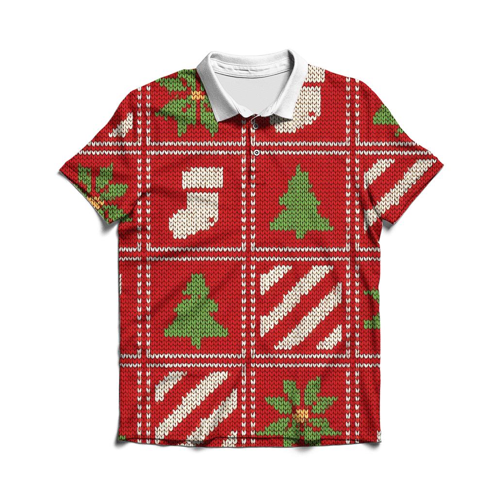 Ugly Christmas Candy Cane And Poinsettia Patchwork Parade Design personalized polo shirts