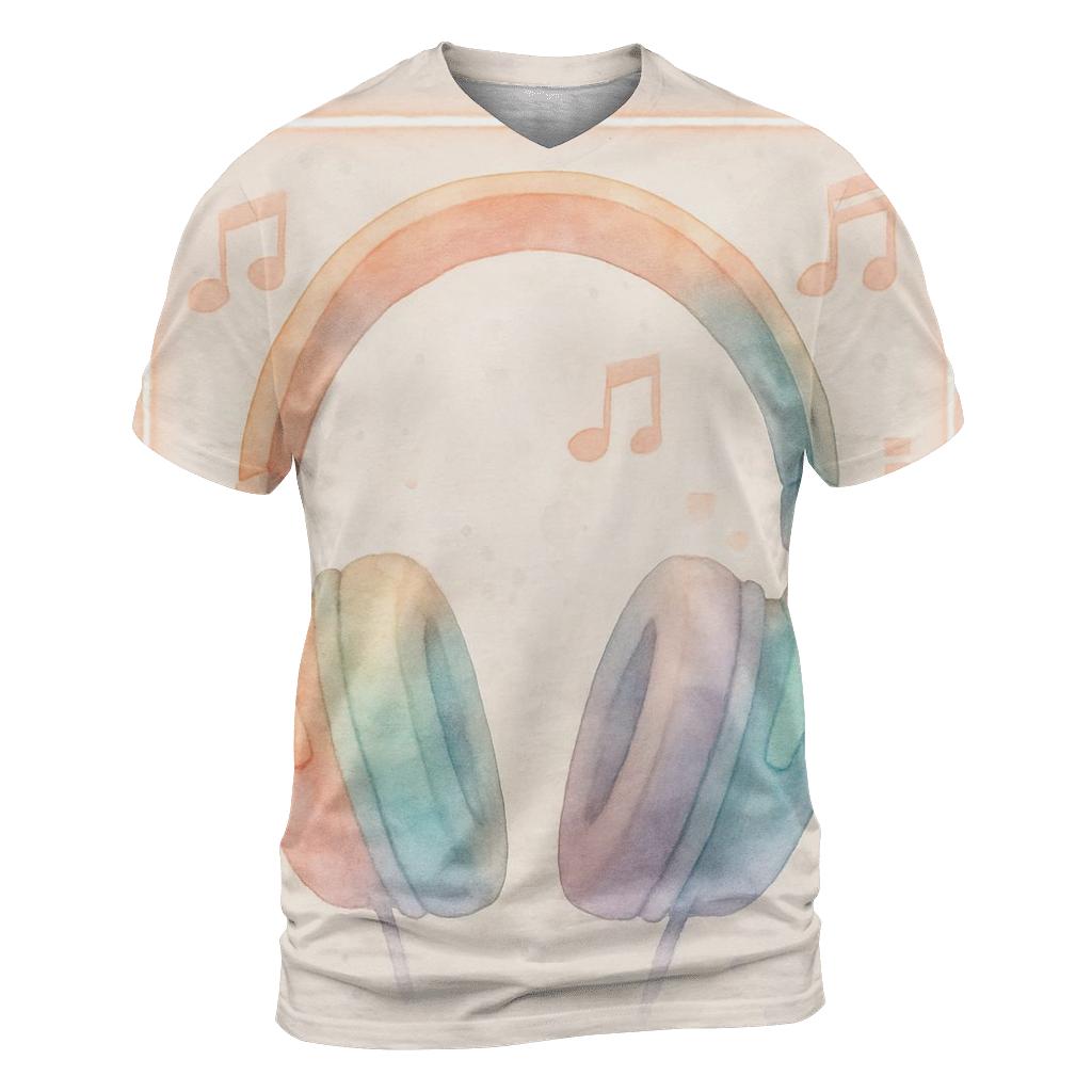 Watercolor Headphones Over Neon Notes artistic all-over print tops