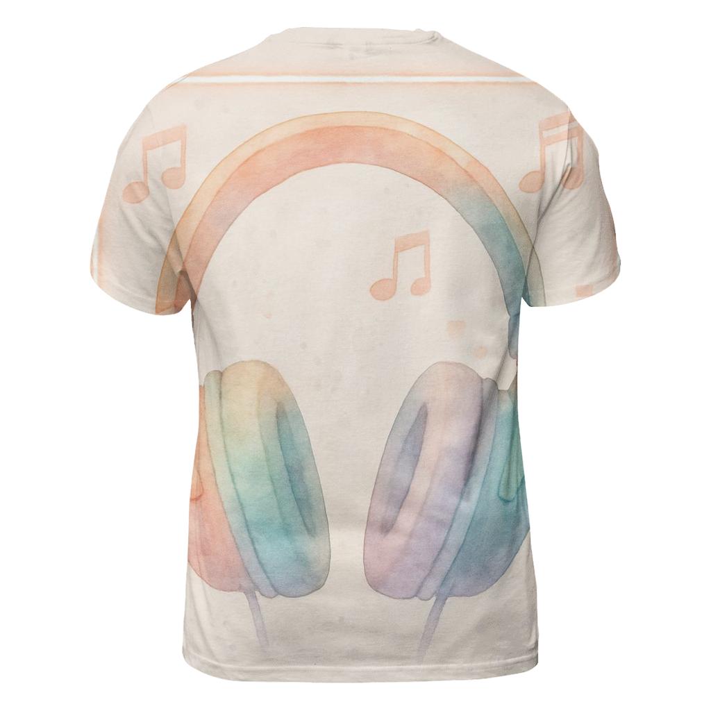 Watercolor Headphones Over Neon Notes artistic all-over print tops