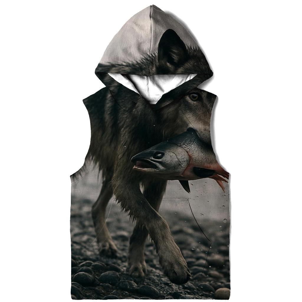 Salt Spray Salmon Run Wolf embroidered hoodies
