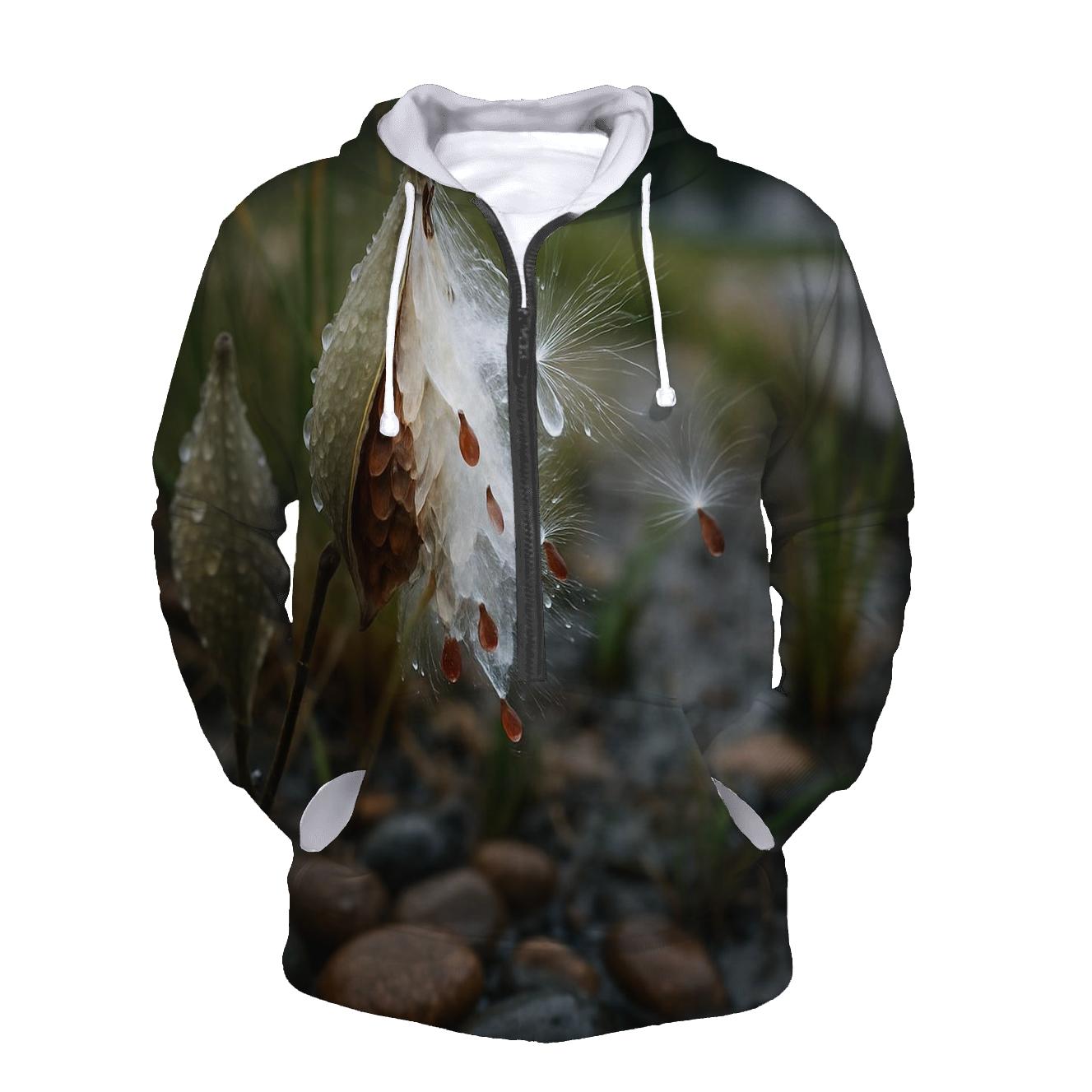 Rain Garden Milkweed Pods Releasing Silk Floss printed hoodies