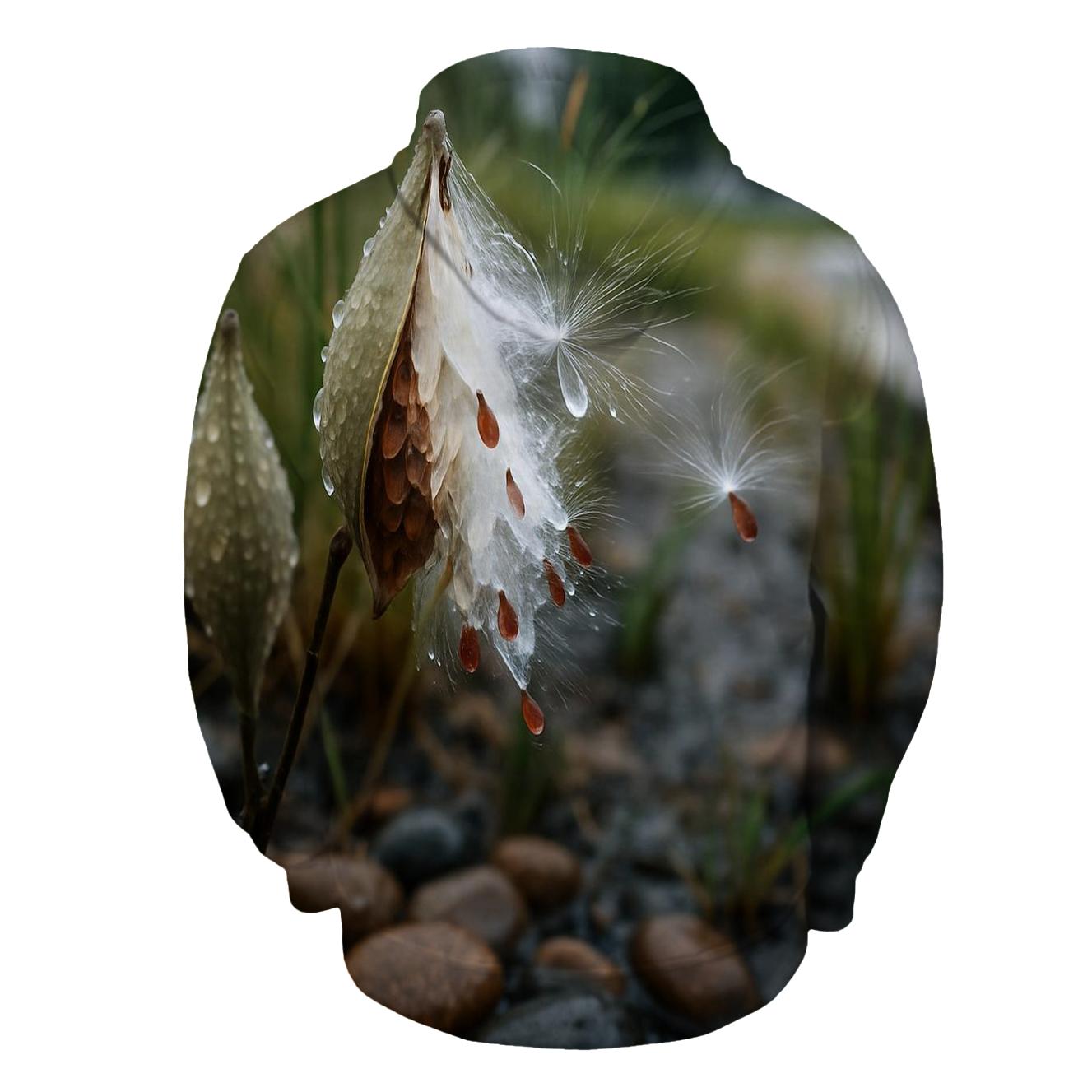 Rain Garden Milkweed Pods Releasing Silk Floss printed hoodies