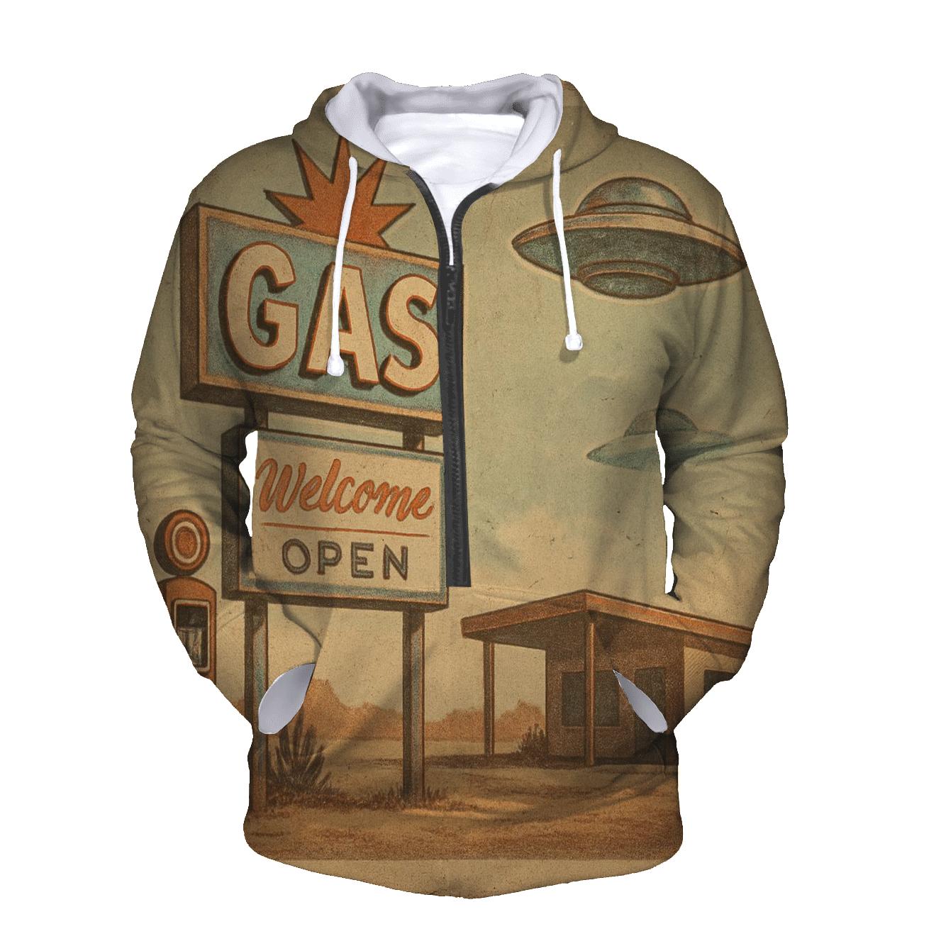 Sepia Desert Gas Station UFO Stop 1959 printed hoodies
